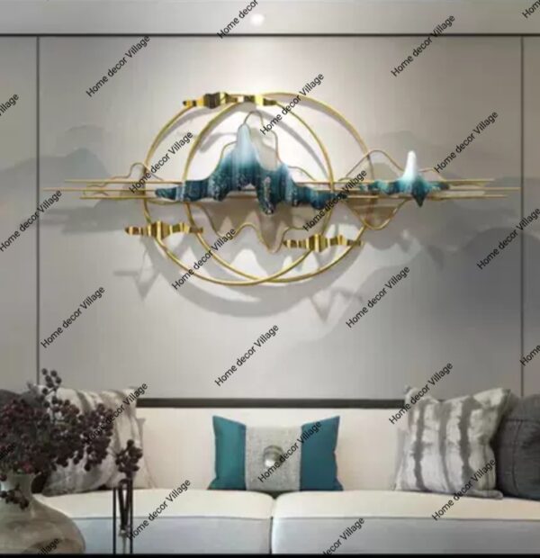 Luxury Golden Circle & Blue Wave Metal Wall Art – Modern Abstract Design