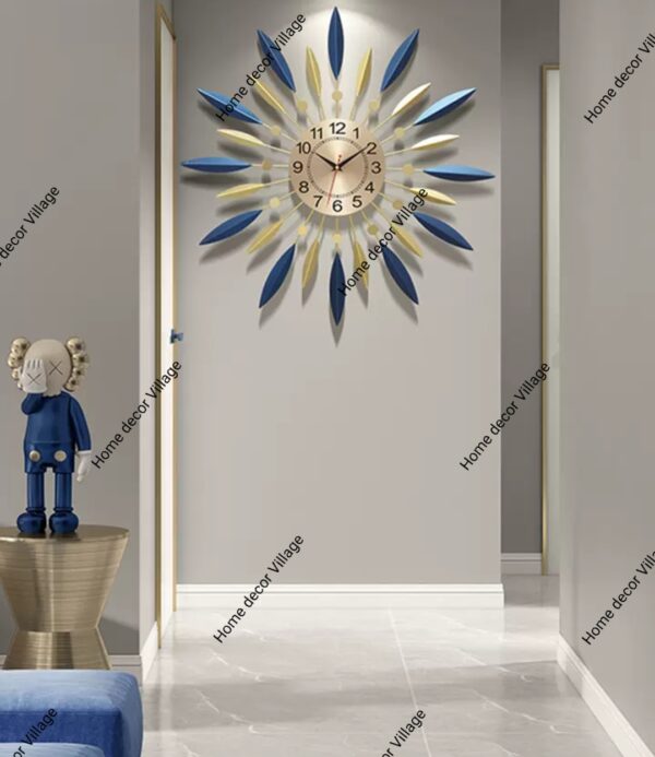 Luxury Sunburst Metal Wall Clock – Blue & Gold Design