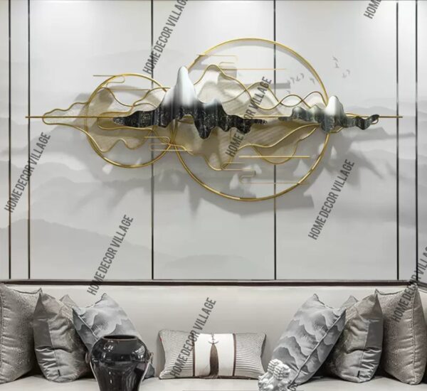 Luxury Golden Circle & Wave Metal Wall Art – Abstract Mountain Design